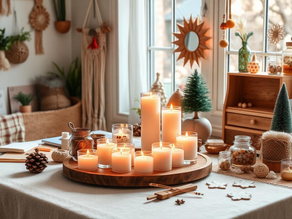 Craft table with handmade candles, macrame and paper decorations