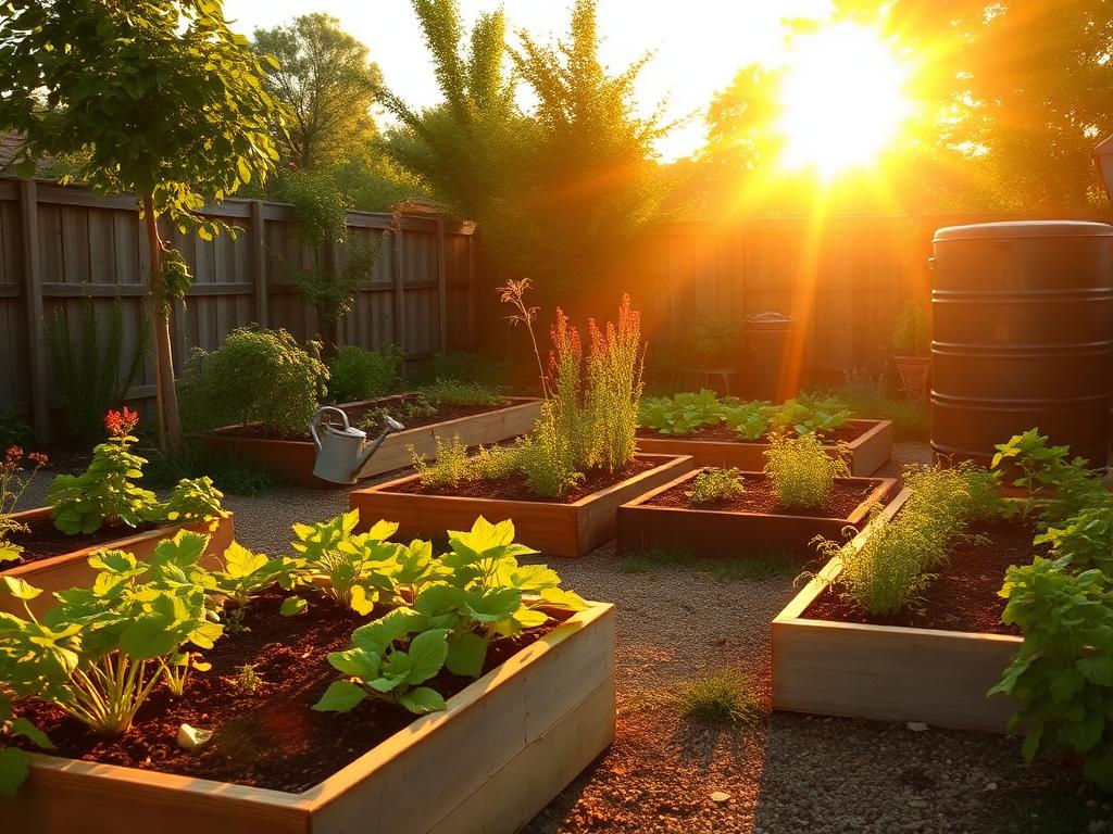 Raised vegetable beds and a rain barrel in evening light