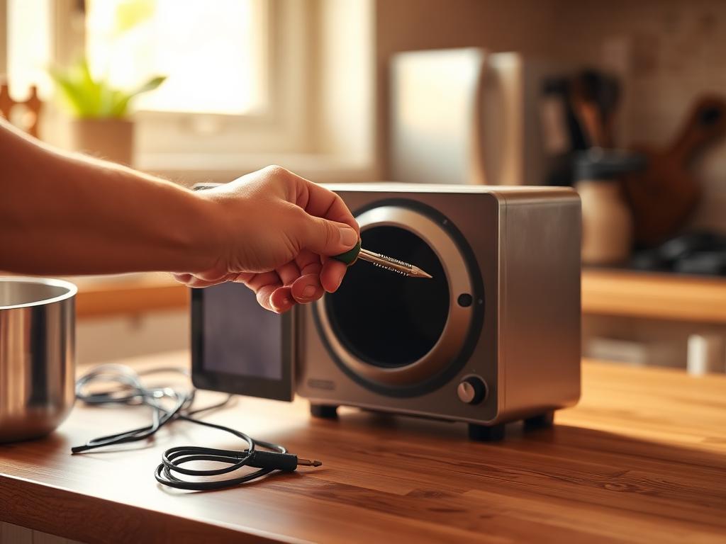 Hands repairing a small kitchen appliance with a screwdriver