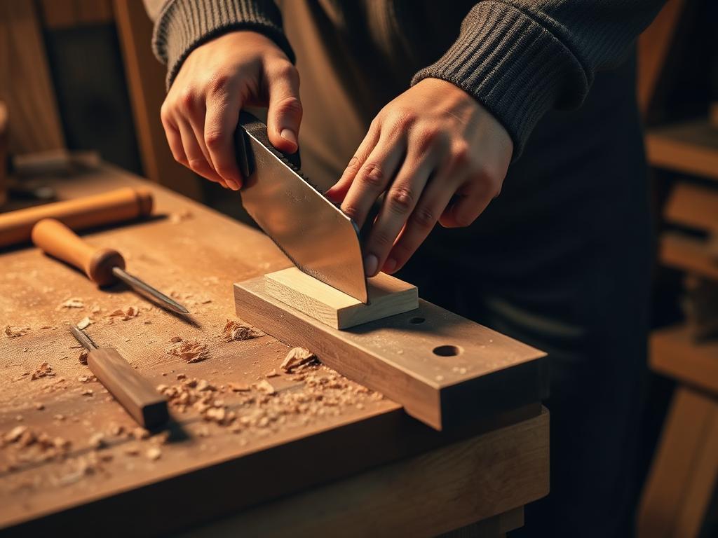 Hands cutting a wood joint with a hand saw on a workbench