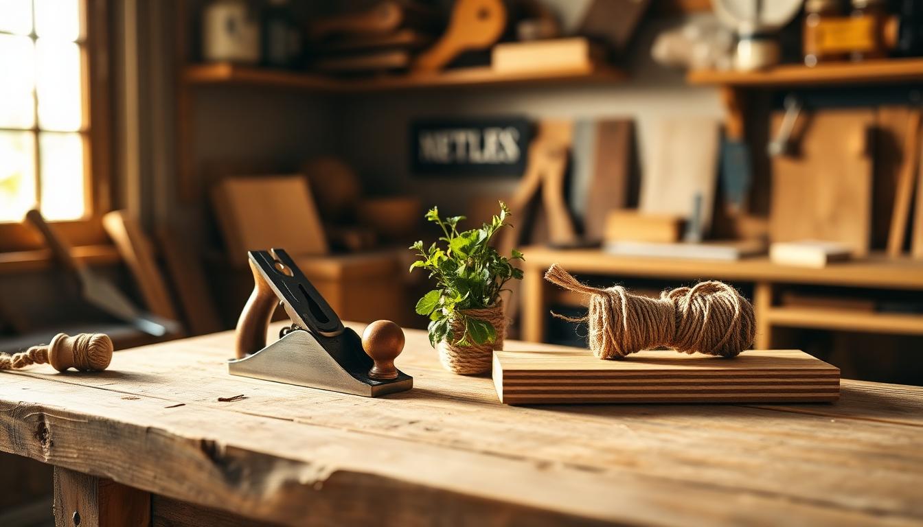 Workbench with hand plane, chisels, brushes and potted herbs in warm light
